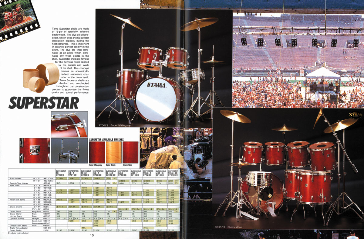 Vintage TAMA Superstar catalog spread showing kit configurations and finishes